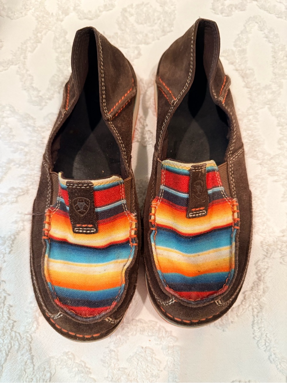 Ariat Brown Suede Slip-On Loafers with Multi-Color Striped Canvas
